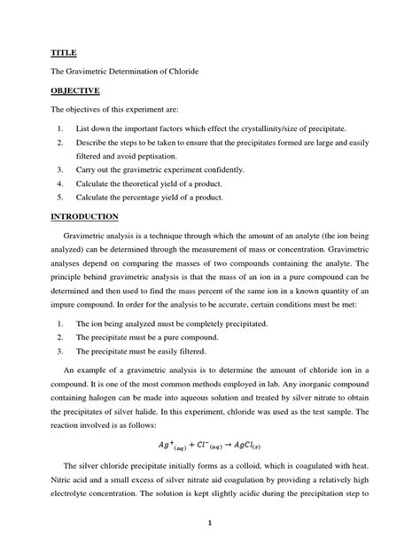 gravimetric determination of chloride as silver chloride by precipitation method|chloride gravimetric determination.